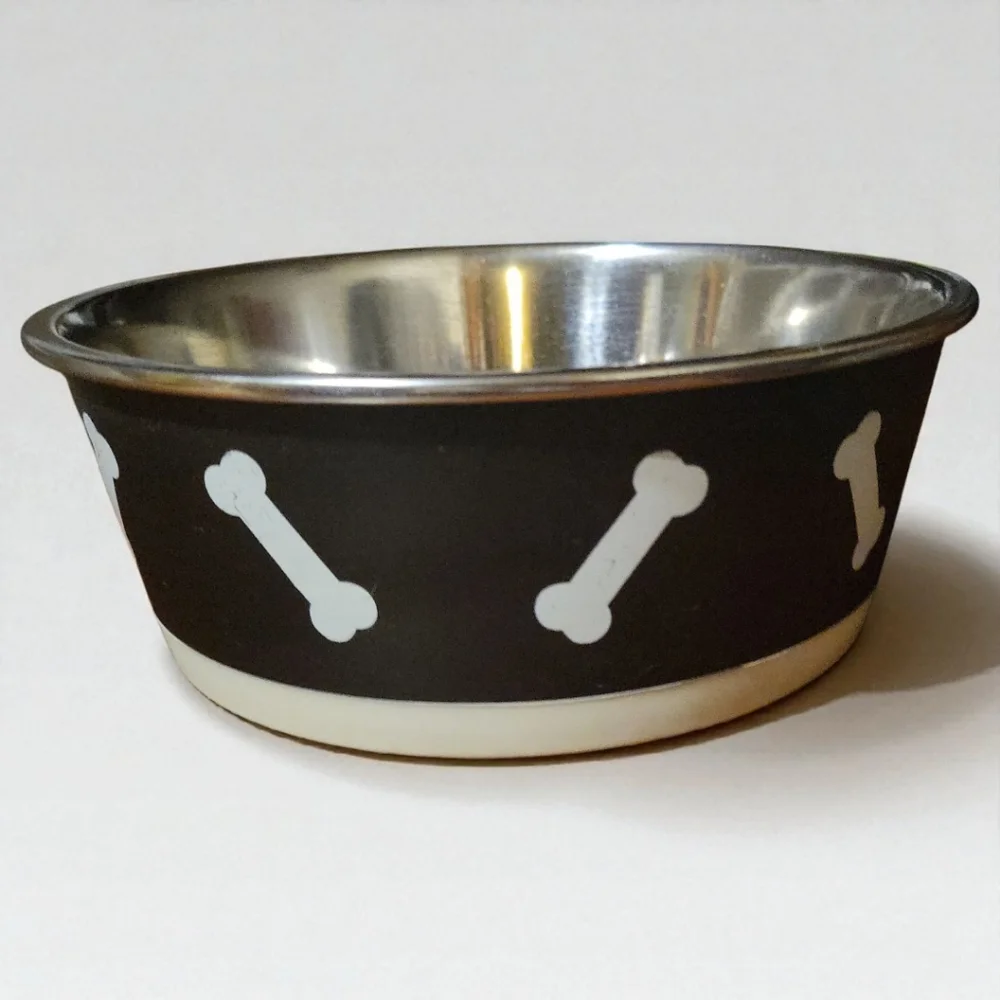NWT Vibrant Life Dog Cat Pet Dish Bowl Black White Bones Stainless 48 fl oz